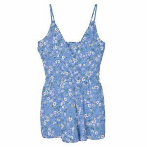 Shein Women Chiffon Floral Faux Wrap Romper Blue White | Size Small